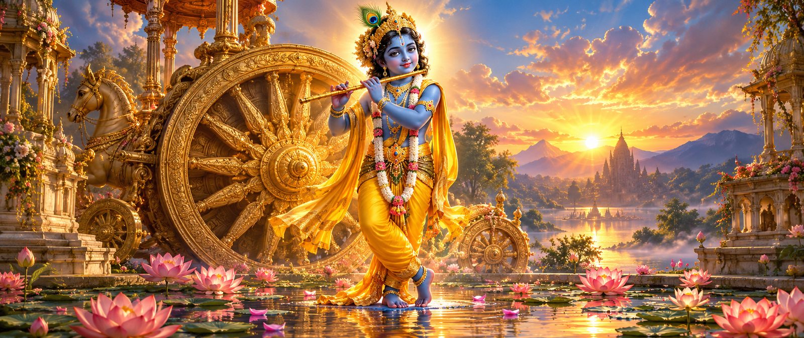 A lotus, a flute and a chariot wheel